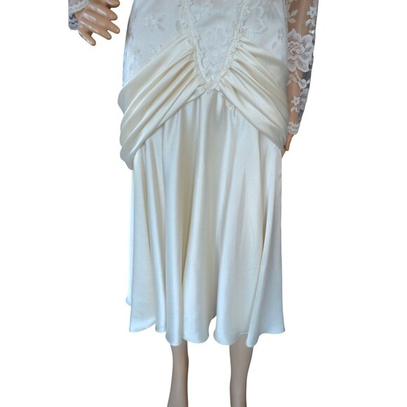 Vintage 80s Ivory Lace Satin 20s Flapper Revival Drop Waist Wedding Dress Size 8 - Picture 3 of 9
